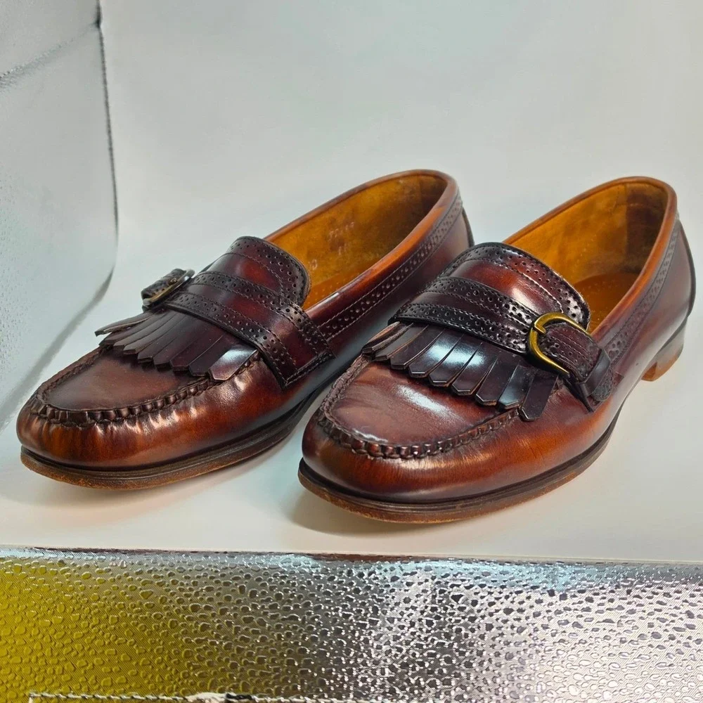 Cole Haan Mens Burgundy Leather Kiltie Monk Strap Wingtip Loafers Made in USA 8